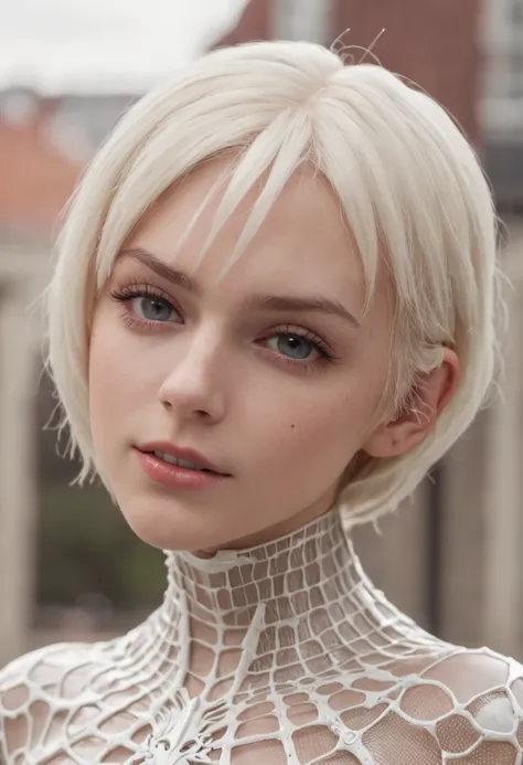 18 yo girl, white spider man suit, short blunt hair, blonde, beautiful face, rain, roof, masterpiece, intricate detail, perfect anatomy