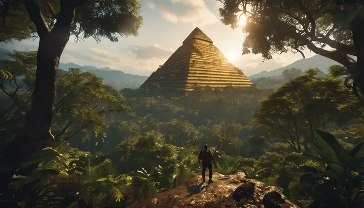 El Dourado, The lost city seen among the trees of a dense forest, A large golden pyramid seen from afar among the trees of an enclosed forest glowing with sunlight, fotografia realista, A settler in the middle of the enclosed jungle with a machete looks at...