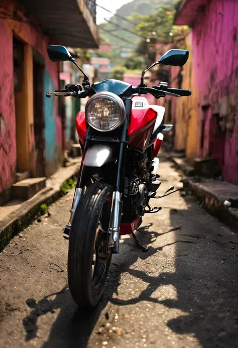 honda cg titan 160 inserted on a rio de janeiro favela, red, sun, hot weather