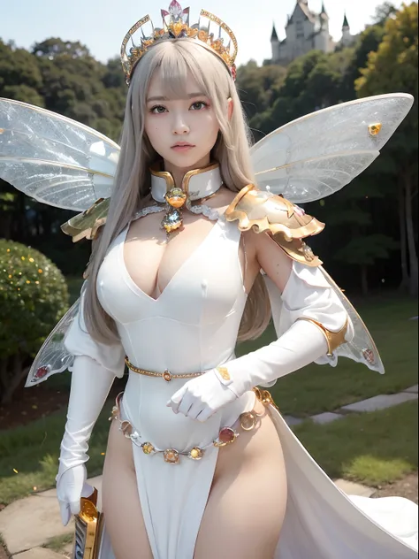 (masutepiece), Professional , ​masterpiece、top-quality、photos realistic , depth of fields （Gemstone Silver Metal Body:1.９),(Matte White、Jewel Gold Weapon、（Gorgeous castle background）、（ultimate beauty girl）、（Fairy wings grow on her back）、（Jewel Metal Body:1...