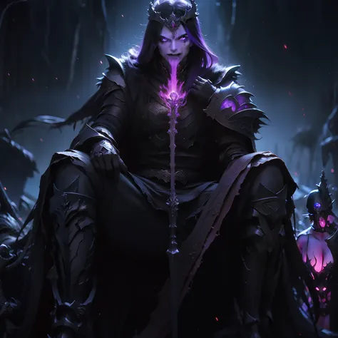 FANTASY, undead necromancer king , bone crown, evil grin, sitting on throne of skeletons and skulls, surrounded by dark purple evil magic, glowing purple eyes, evil grin. REALISTIC ANIME STYLE, HIGH DEFINITION, EPIC, CINEMATIC LIGHTING,