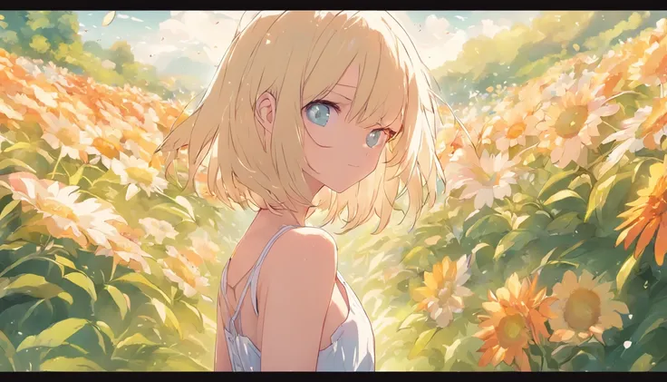 1girl, blonde hair, bob cut, blue eyes, white sundress, summer sky, flower garden