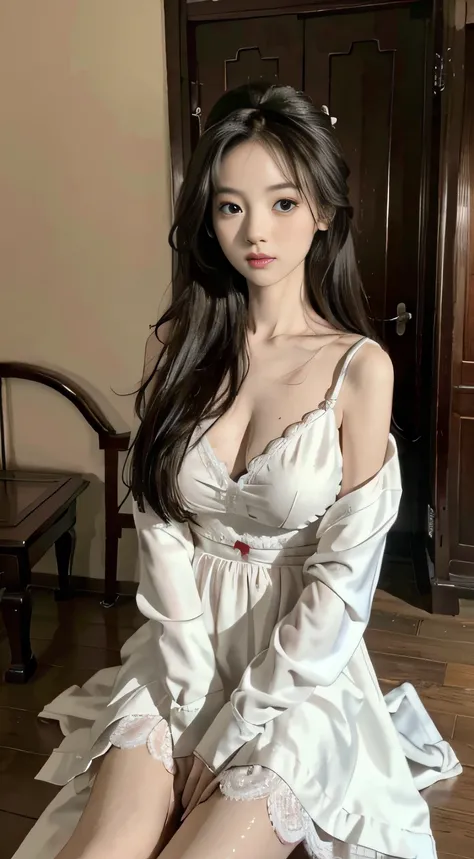 Master quality, highest quality, best picture quality, exaggerated details, a cute 8 year old asian little girl with a shy expression, slightly squinted eyes, adjusting her hair, long eyelashes (long hair / very, very exaggerated big breasts, big tits / in...