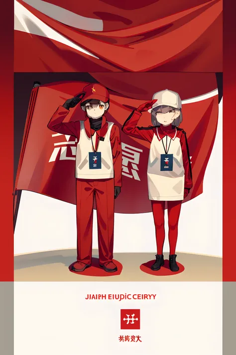 Two people stood next to a flag, red flags, Red flag holidays, holding a red banner, Red Uniform, wearing red attire, workers revolution, Red flag, Bright, uniform background, Seguro para o trabalho.CGSesociety, Seguro para o trabalho. CGSesociety,  wearin...