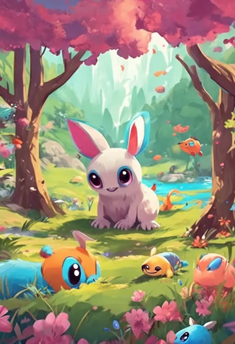 Pokémon, all kinds of virtual critters, fill the entire meadow, Q version, cute, surreal, fresh painting