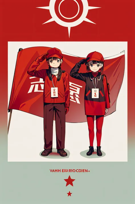 Two people stood next to a flag, red flags, Red flag holidays, holding a red banner, Red Uniform, wearing red attire, workers revolution, Red flag, Bright, uniform background, Seguro para o trabalho.CGSesociety, Seguro para o trabalho. CGSesociety,  wearin...