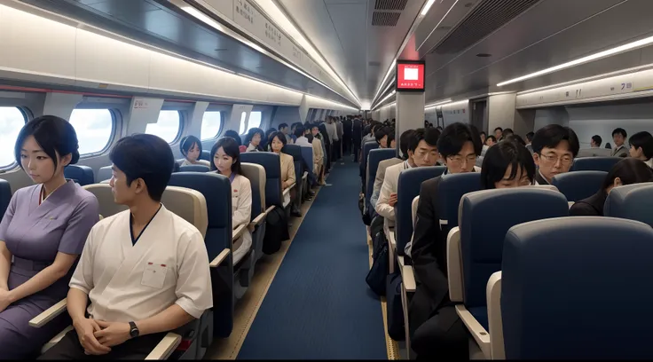 There are many people,in Shinkansen in Japan,
Passengers　f a Japanese bullet train is 200% filled, with people standing in the aisles., real. 64k