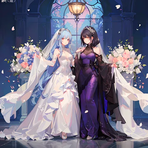 ，wedding gown，Bride，，Beautifully dressed，Shiny clothes，Lace on clothes，Clothes lace，Large skirt，Lace trim，stand posture，facing the front there，Flowers in hand，ssmile，light yarn，full bodyesbian,Shawl，Color chrome，