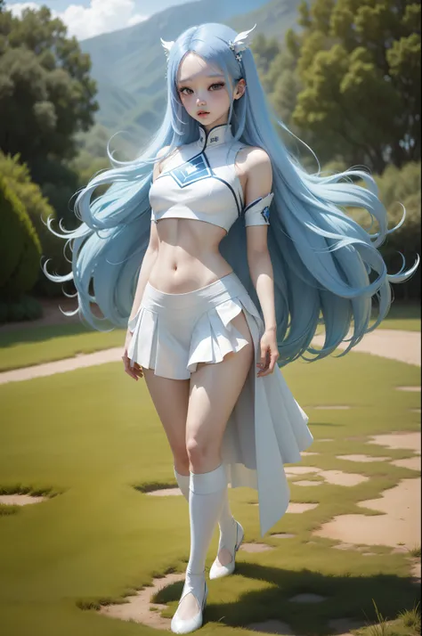 "Full body view of Kim Chaewon in a white fantasy revealing outfit with blue hair. She is standing confidently on a field, with a slight exposure of her midriff and a petite figure. The photo is captured in UHD 4K, exhibiting exquisite details."