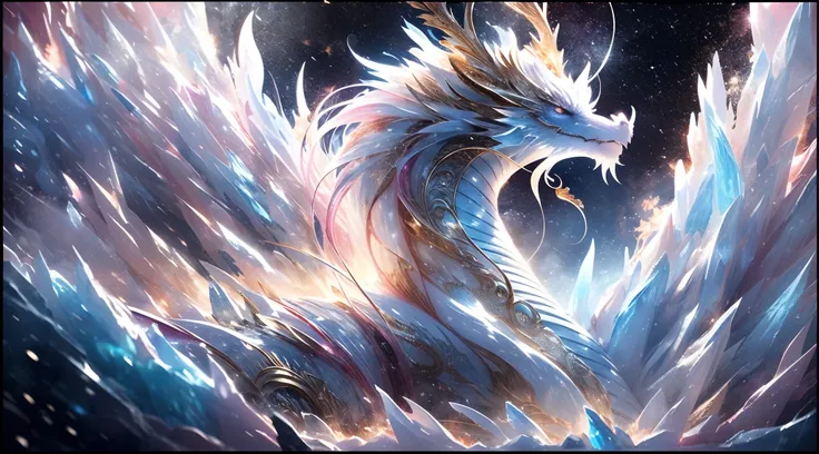 (((best quality)))), ((ultra-detailed))), (((masterpiece))), illustrations In this Ice Age scene, the addition of the element of fire brings strong contrast and visual impact. In the center of the picture, a glacier dragon stands majestically, its body is ...