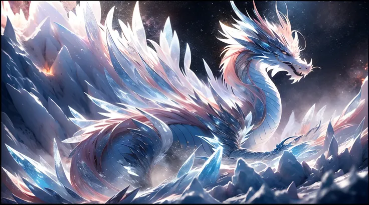 (((best quality)))), ((ultra-detailed))), (((masterpiece))), illustrations In this Ice Age scene, the addition of the element of fire brings strong contrast and visual impact. In the center of the picture, a glacier dragon stands majestically, its body is ...