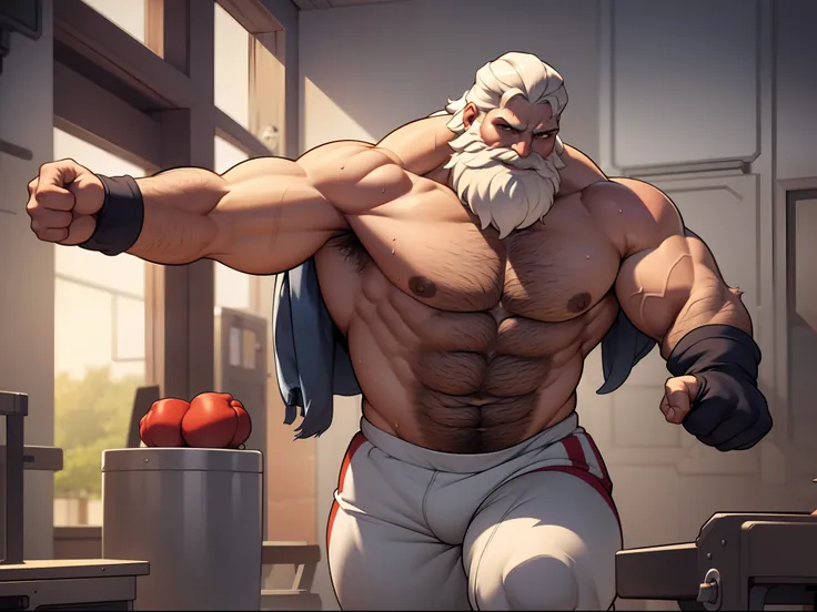 Fullbody of bearded shirtless topless old muscular man punching bag, strong chest, strong arms, large muscles, white hair, white beard, muscular, thick abs, pectorals, thick stomach, navel, large pectorals, thick wrists, big body, heavy muscular, tall body...