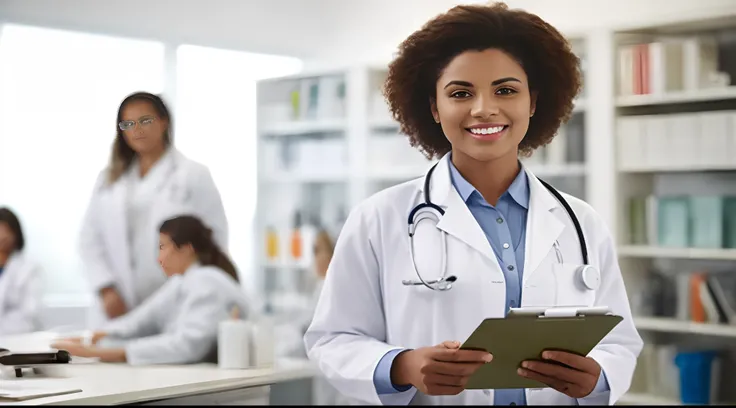 a woman in a lab coat holding a clipboard in front of a group of people, wearing lab coat and a blouse, wearing a white lab coat, healthcare worker, doctor, medical doctor, wearing a labcoat, (doctor), wearing a lab coat, wearing lab coat, with a lab coat,...