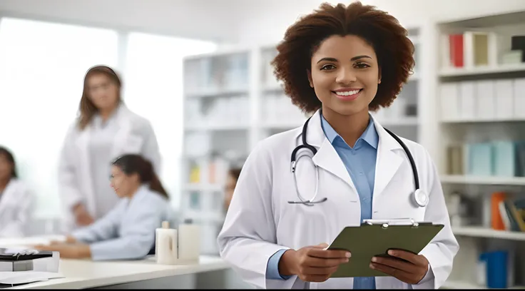 a woman in a lab coat holding a clipboard in front of a group of people, wearing lab coat and a blouse, wearing a white lab coat, healthcare worker, doctor, medical doctor, wearing a labcoat, (doctor), wearing a lab coat, wearing lab coat, with a lab coat,...