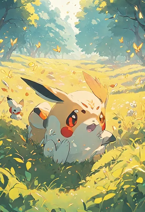 Pokémon, all kinds of virtual critters, fill the entire meadow, Q version, cute, surreal, fresh painting