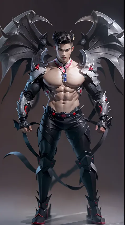 Sculpture design，Figures，GK model，The whole body of the character，Handsome demon，satan，sexy for，Stroke the chest，Wings，Handsome，Expose muscles，base，Wu Yifan，Handsome cybernetic boy looking at camera lingerie detailed muscular reality masterpiece，musculous