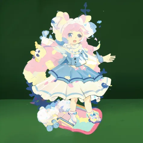 Close-up of cartoon characters on skateboard, small curvaceous loli, lineless, y 2 k cutecore clowncore, style of magical girl, anime styled 3d, Stylized anime, Loli, Full body picture, frilly outfit, highly detailed whole body, with bloom ethereal effects...