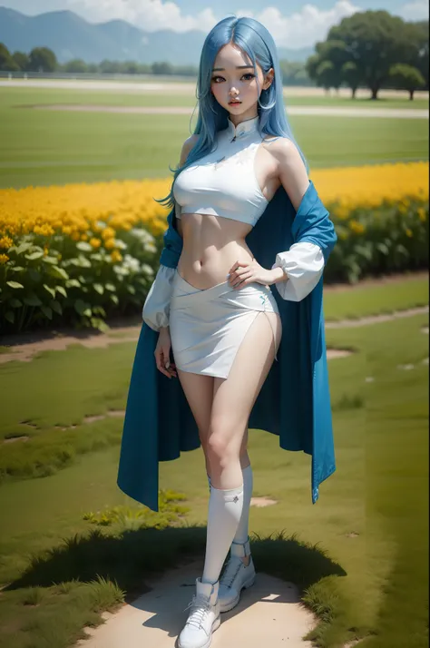 "Full body view of Kim Chaewon in a white fantasy revealing outfit with blue hair. She is standing confidently on a field, with a slight exposure of her midriff and a petite figure. The photo is captured in UHD 4K, exhibiting exquisite details."