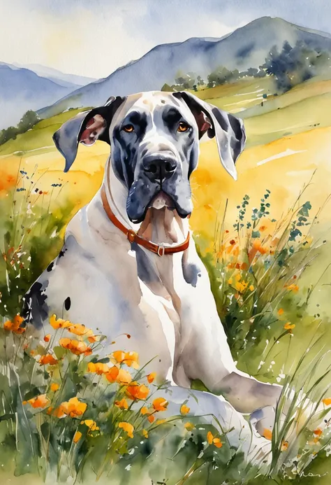 Great Dane lounging in the sun on a grassy hillside in the Italian countryside, Its fur shines in the light.