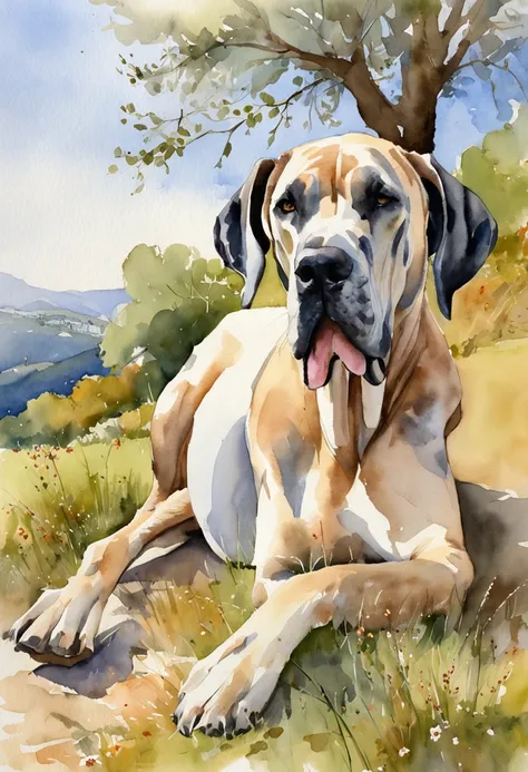 Great Dane lounging in the sun on a grassy hillside in the Italian countryside, Its fur shines in the light.