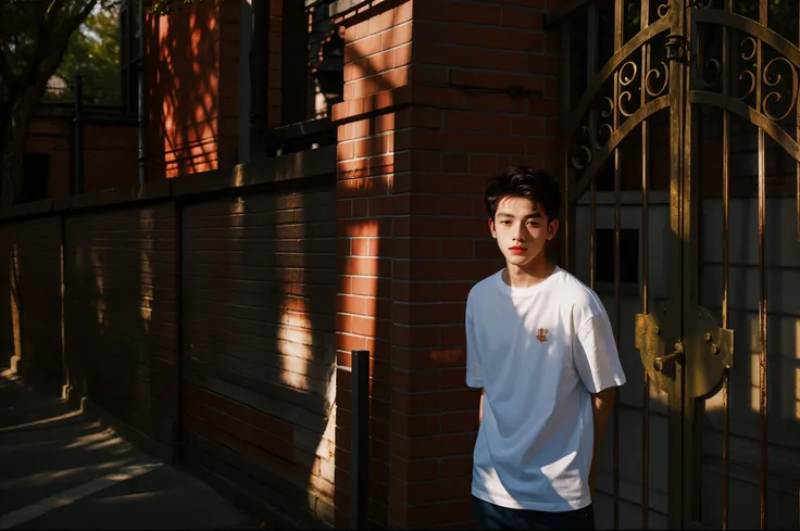 A picture，The boy stands in front of the red brick wall and iron gate, Wearing a white T-shirt，Sunny afternoon, portrait a 1 5 - year - old boy, vogue cover photo，sportrait，（tmasterpiece：1.3），8K，Super resolution，Cinematic lighting effects，