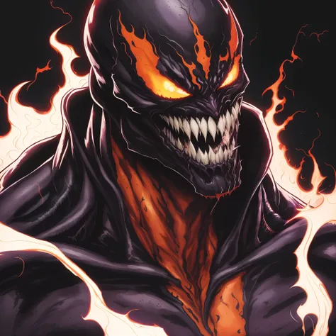 a close up of a comic character with a fire face, venomized, venom symbiote, venom, symbiote, venomfang, evil villain grin, inspired by Ryan Stegman, carnage, by Eddie Mendoza, venom fangs, epic portrait of menacing, dark supervillain, malevolent expressio...