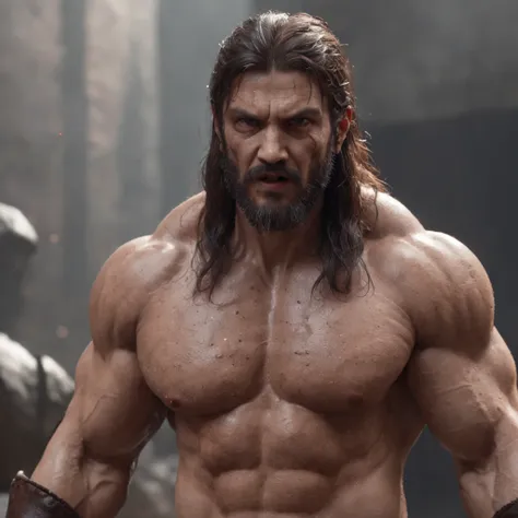 (professional 3d render:1.3) af (Realistic:1.3) most beautiful artwork photo in the world，Features soft and shiny male heroes, ((Epic hero fantasy muscle man rough wet hero angry looking long hair short beard and ferocious expression in dynamic pose, Fanta...