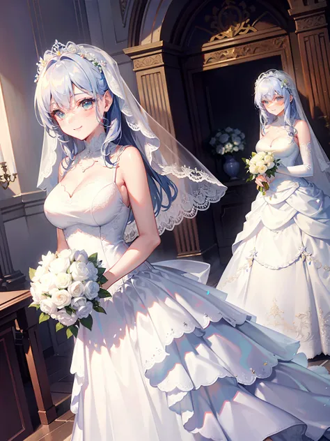 ，wedding gown，Bride，marriage，Beautifully dressed，Shiny clothes，Lace on clothes，Clothes lace，Large skirt，Lace trim，stand posture，facing the front there，Flowers in hand，ssmile，light yarn，full bodyesbian,cleanness