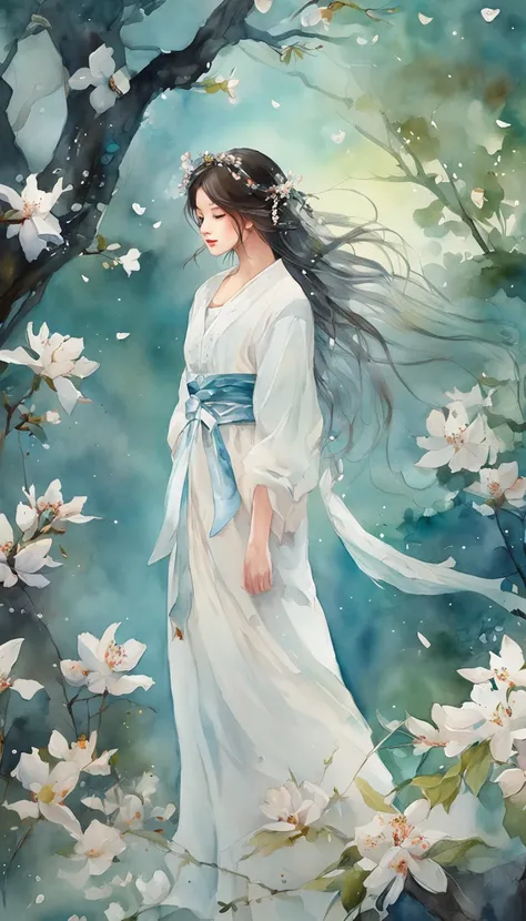 (best qualtiy，tmasterpiece), Beautiful teenage girl, beautiful goddess, ((The shirt, falda corta, Floral)), Beautiful Hair Accessories, Pear Blossom Forest, Detailed scene, the night, starrysky, cold light, (cyan colors, white colors), ((From Side)), ((Ful...