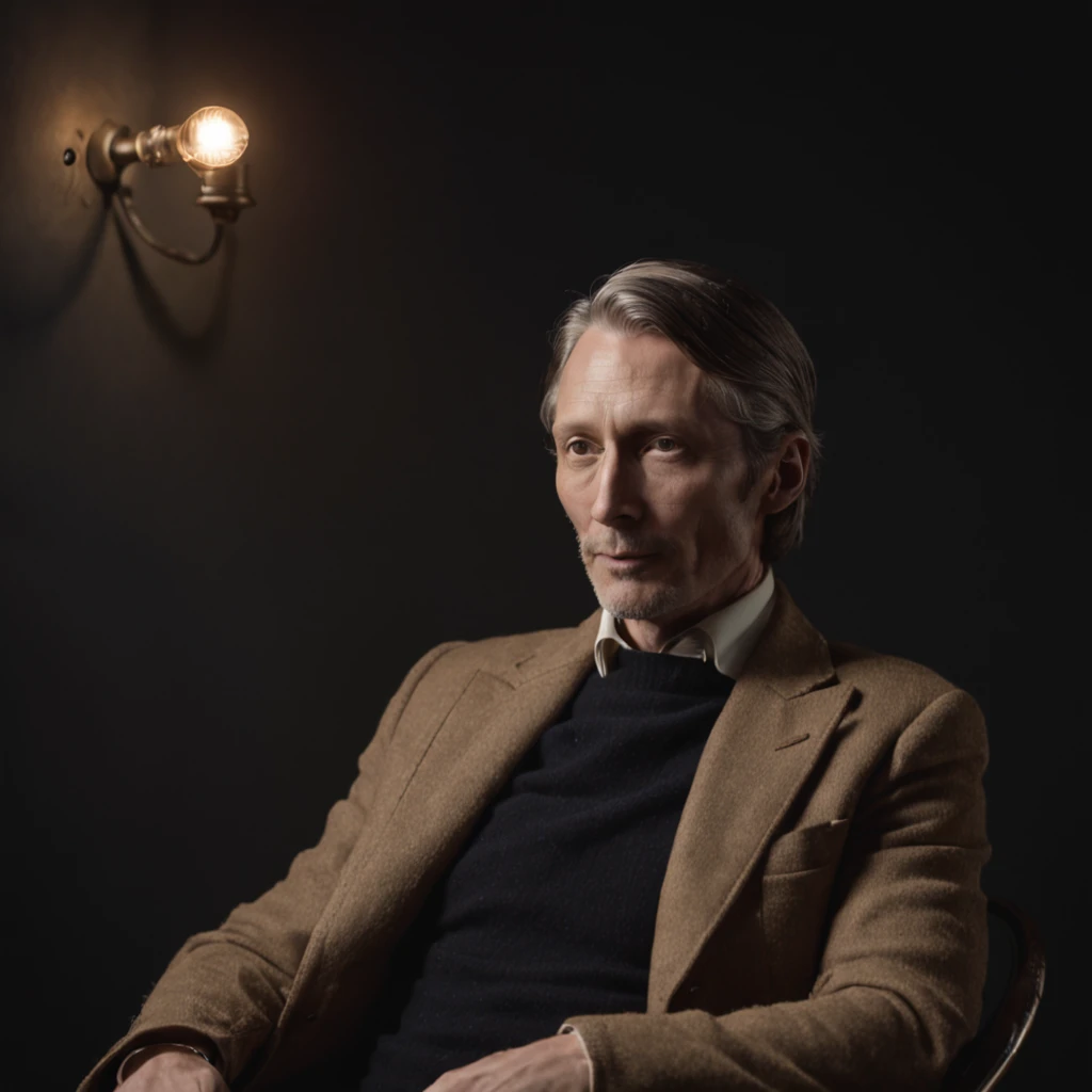 The Arafeld man sat in a chair in the dark room, Mads Mikkelsen, mads mikkelsen smoking cigarette, wearing a turtleneck and jacket, editorial photograph, Greg Rutkowskis style, author：Adam Sachs, photoshoot, Ian Huberts style, Aiden Gillen, Inspired by Ala...