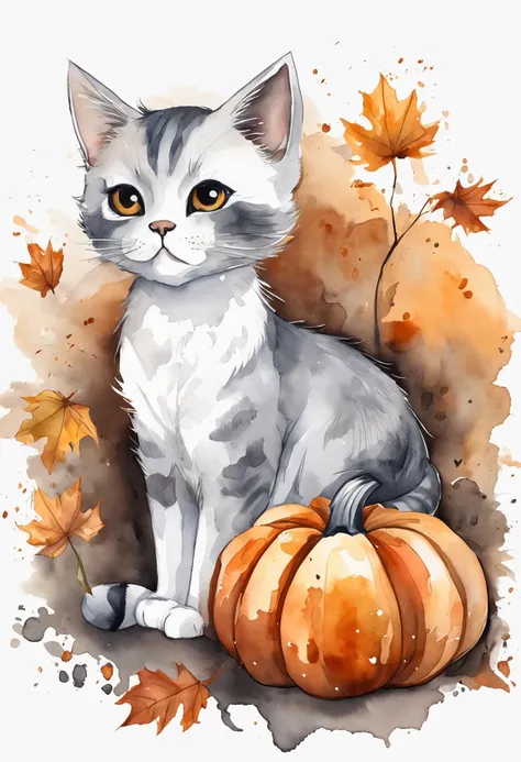 Image Type: A cute stylized digital illustration of a black and white kitten sitting next to a pumpkin and jack o lantern. The illustration should be in a halloween art style, with a vector art aesthetic. The kitten should be depicted in a cute and adorabl...