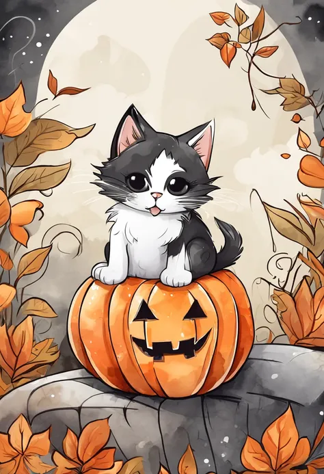 Image Type: A cute stylized digital illustration of a black and white kitten sitting next to a pumpkin and jack o lantern. The illustration should be in a halloween art style, with a vector art aesthetic. The kitten should be depicted in a cute and adorabl...