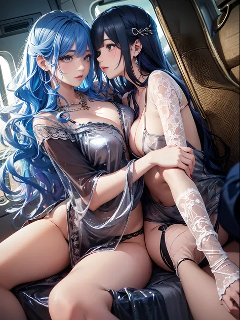 （Enrich the picture，Masterpiece level quality）Beautiful 8K CG artwork，Goddess-like posture，Sitting in the cabin of an airplane，Postural exercises，Slim and soft，Translucent skin，blue hairs、The beauty of extra-long hair, Super Long Straight Hair，The skin is ...