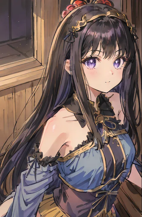 A beautiful and cute girl, huge smile、Idle Pose、1girl in, Solo, Long hair, A dark-haired,Purple eyes, hair messy, long hair bangs, Beautiful detailed eyes, Looking at Viewer, deadpan, Closed mouth, Portrait, Bangs,Blue Idol Costume,corsets、Blue hair orname...