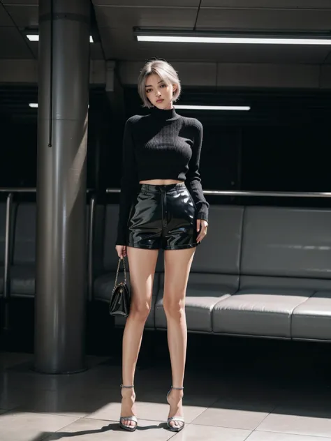 full body head to toes image of a 60 year old shy woman with short grey hair, wearing black shiny ((pvc)) diaper shorts, short thin sweater, stiletto heels with ankle strap, standing in a trainstation, ((full body)) high detailed, cloudy day, natural light...