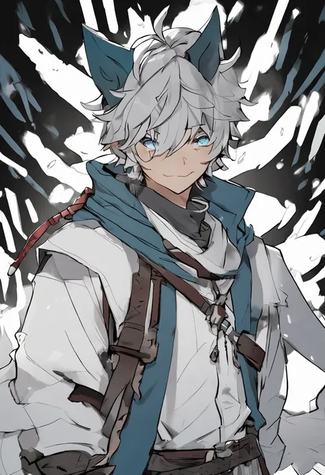 in character sheet portrait style, dungeons and dragons character, imagine a young snowy fox boy with staff, young male, poor with ragged clothing, arknights style, short hair, tired and hiding, snow based powers, light gray hair with azure colored eyes, d...