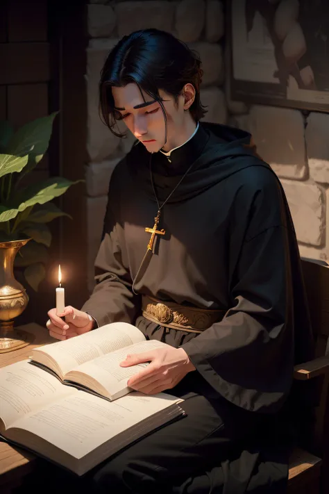 Create a Disney-style drawing of a Basilian monk wearing a black tunic and a black headpiece with a golden cross. The monk should have a gentle smile on his face and a peaceful demeanor. Add details such as an open sacred book on the monks lap and a lit ca...