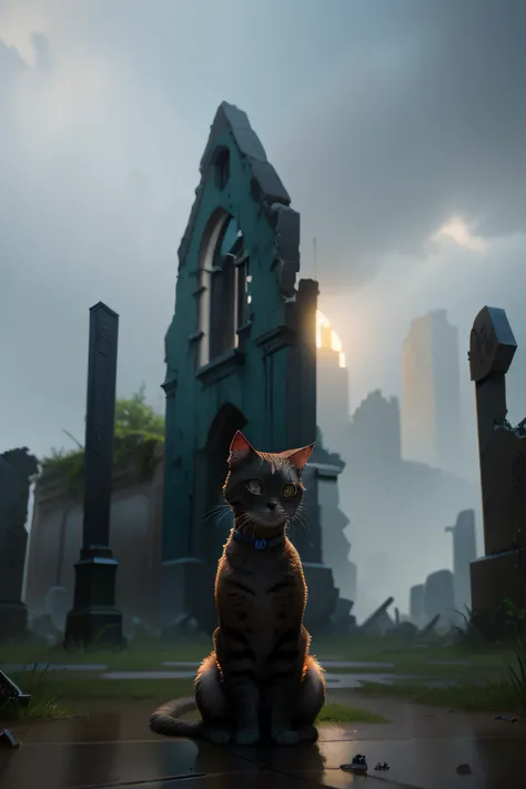 Cyberpunk There is a cat sitting on the ground in front of the ruins, in the middle of a graveyard, in a graveyard, the dark god of cats, cinema shot!, Cinematography concept art, fantasy matte painting，Cute, photorealistic dark concept art, ruins in the b...