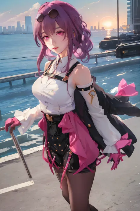 anime girl with purple hair and a pink top and black shorts, guweiz, artwork in the style of guweiz, ayaka genshin impact, guwei...