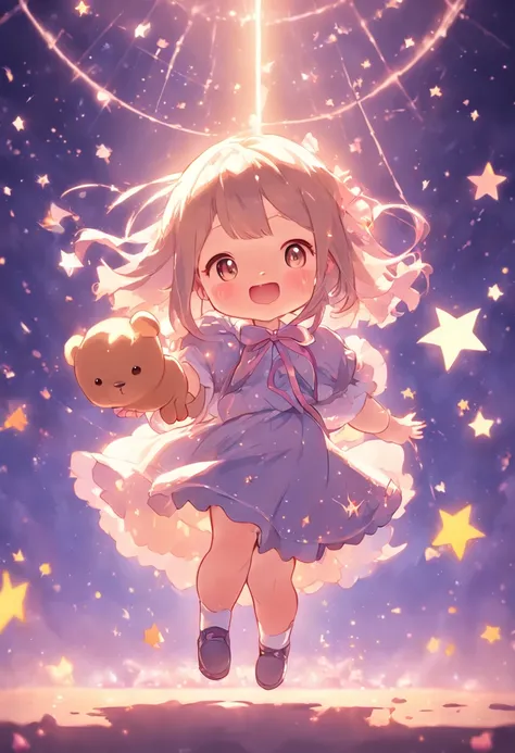 Stars shine，Colorful，Lolita style clothing，Cartoony，Chubby little girl，Holding a bear cub doll，Clumsy jumps，Cute and cute，KIDS ILLUSTRATION，Glow effects，Dingdall effect，depth of fields，high light，Real light，Ray traching，oc rendered，Hyper-realistic，best qua...