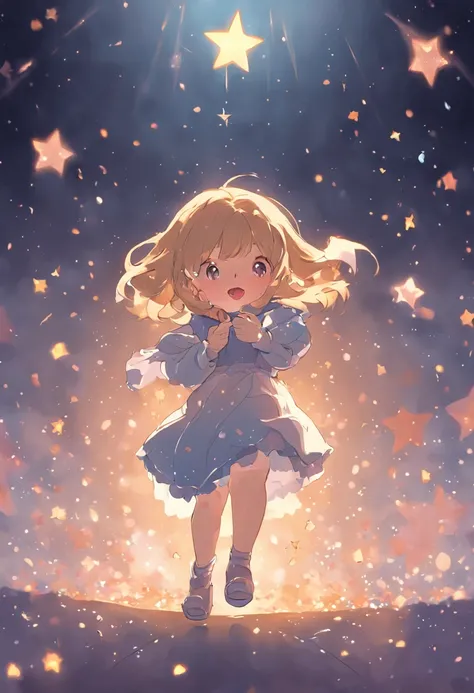 Stars shine，Colorful，Lolita style clothing，Cartoony，Chubby little girl，Holding a bear cub doll，Clumsy jumps，Cute and cute，KIDS ILLUSTRATION，Glow effects，Dingdall effect，depth of fields，high light，Real light，Ray traching，oc rendered，Hyper-realistic，best qua...