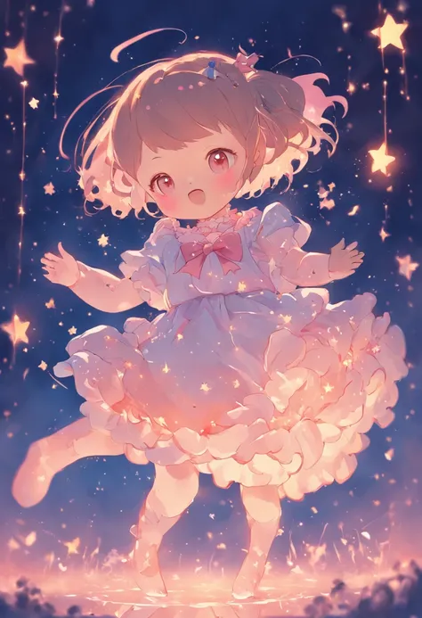 Stars shine，Colorful，Lolita style clothing，Cartoony，Chubby little girl，Holding a bear cub doll，Clumsy jumps，Cute and cute，KIDS ILLUSTRATION，Glow effects，Dingdall effect，depth of fields，high light，Real light，Ray traching，oc rendered，Hyper-realistic，best qua...