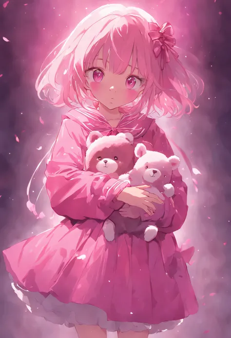 in pink，Lolita style clothing，teens girl，Holding the bear cub，Cute and cute，KIDS ILLUSTRATION，Glow effects，Dingdall effect，depth of fields，high light，Real light，Ray traching，oc rendered，Hyper-realistic，best qualtiy，8K，Works of masters，super-fine，Detailed p...