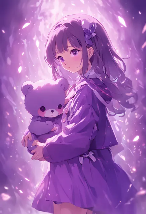 In purple，Lolita style clothing，teens girl，Holding the bear cub，Cute and cute，KIDS ILLUSTRATION，Glow effects，Dingdall effect，depth of fields，high light，Real light，Ray traching，oc rendered，Hyper-realistic，best qualtiy，8K，Works of masters，super-fine，Detailed...