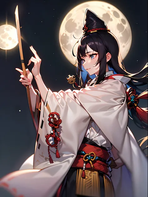 1girl in,((onmyouji)),((long tate eboshi)),(((One big round full moon))),Beautiful starry sky,((upper body)),(((from front))),nice hands, perfect hands