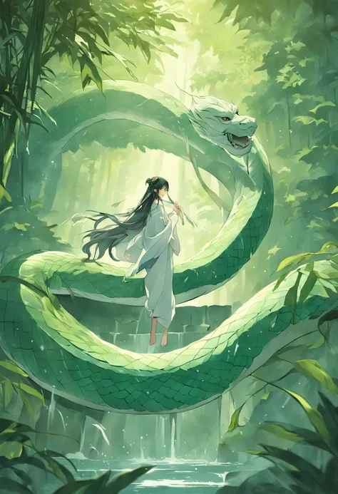 The Legend of the White Snake，The upper body is human，The lower body is a snake，Entangled with the green snake between the two of them，The sound of the bamboo forest，The waterfall is in the distance，ancient wind，China-style，SENSE OF CINEMA，photorealestic，3...