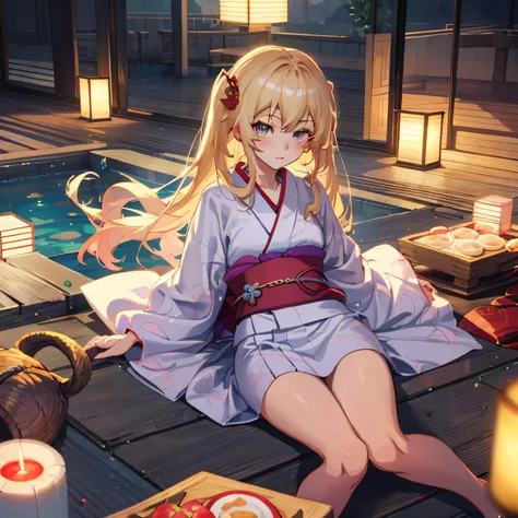 anime girl sitting on a deck with a plate of food, anime style 4 k, splash art anime loli, guweiz on pixiv artstation, guweiz on artstation pixiv, artwork in the style of guweiz, in a kimono, blonde anime girl with long hair, smooth anime cg art, ayaka gen...