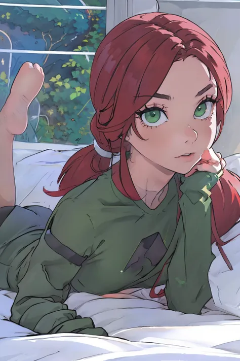 master piece, detailed, 4k, beautiful red head girl with a pony tail and green eyes, wearing a green crop top and black skit and black tights, laying in bed, in a cyberpunk, sci-fi bedroom listening to music with earphones