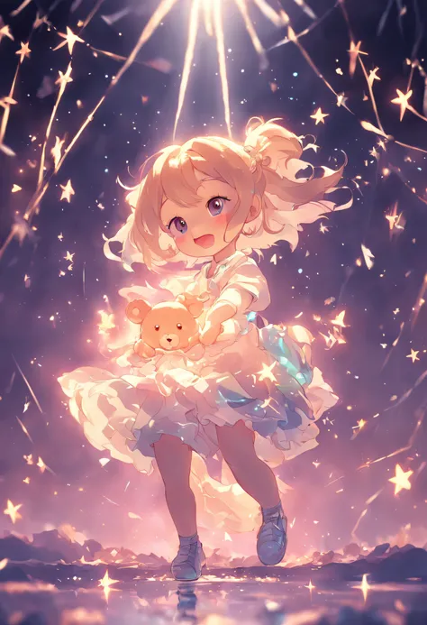 Stars shine，Colorful，Lolita style clothing，Cartoon small backpack，teens girl，Holding the bear cub，Clumsy jumps，Cute and cute，KIDS ILLUSTRATION，Glow effects，Dingdall effect，depth of fields，high light，Real light，Ray traching，oc rendered，Hyper-realistic，best ...