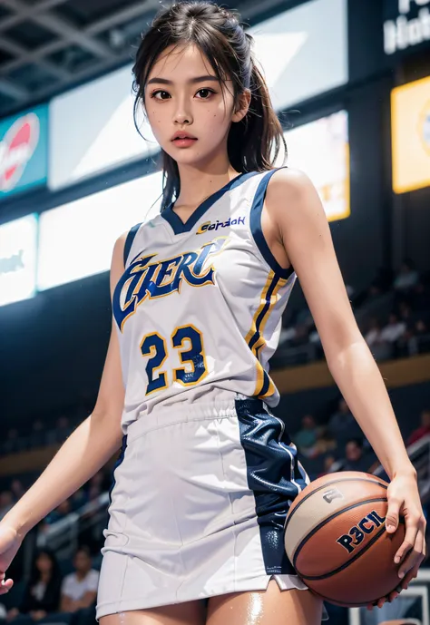 （8K， best qualtiy， tmasterpiece：1.2），A high resolution，1girll，real looking skin，Dynamic light and shadow,Sharp focus,depth of fields,The eyes are delicate,pupil realistic, Playful expression， wear basketball uniform，perfect bodies，Bigchest，at  basketball c...